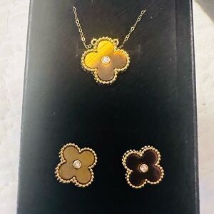 Elegant Gold and Brown Flower Jewelry Set..18k real gold stamp Au750